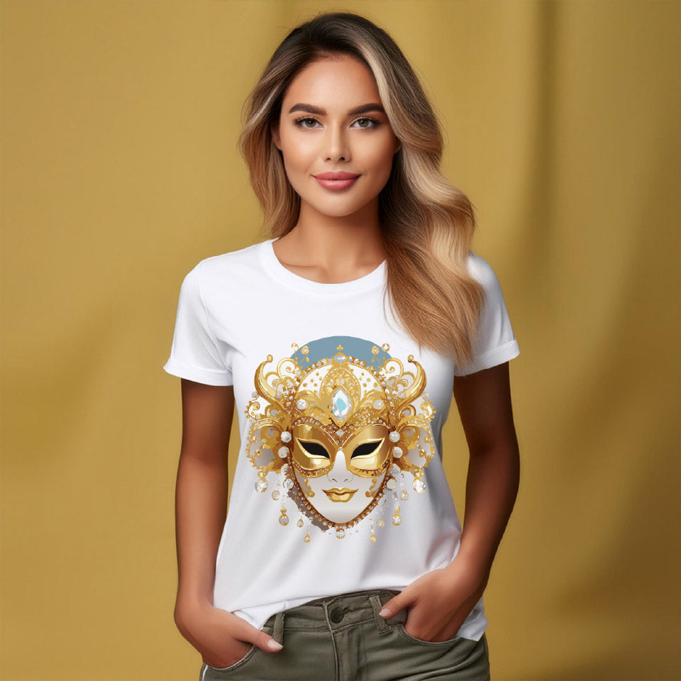 Carnival Mask Graphic T-Shirt Unisex 100 Cotton With Antique Gold Art Design Tee 17
