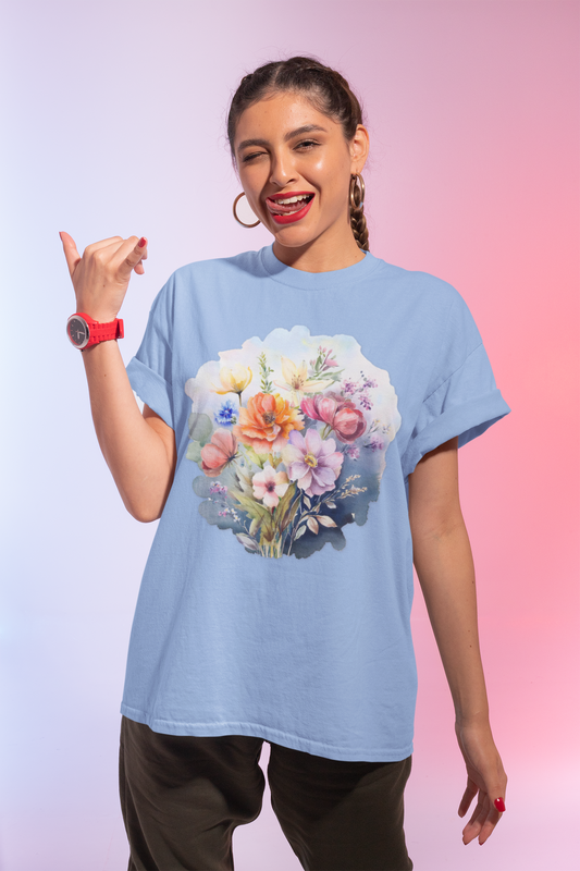 Unisex HD Cotton T Shirt With Floral Art Print Full Color Vintage Flower Design Tee USA Made