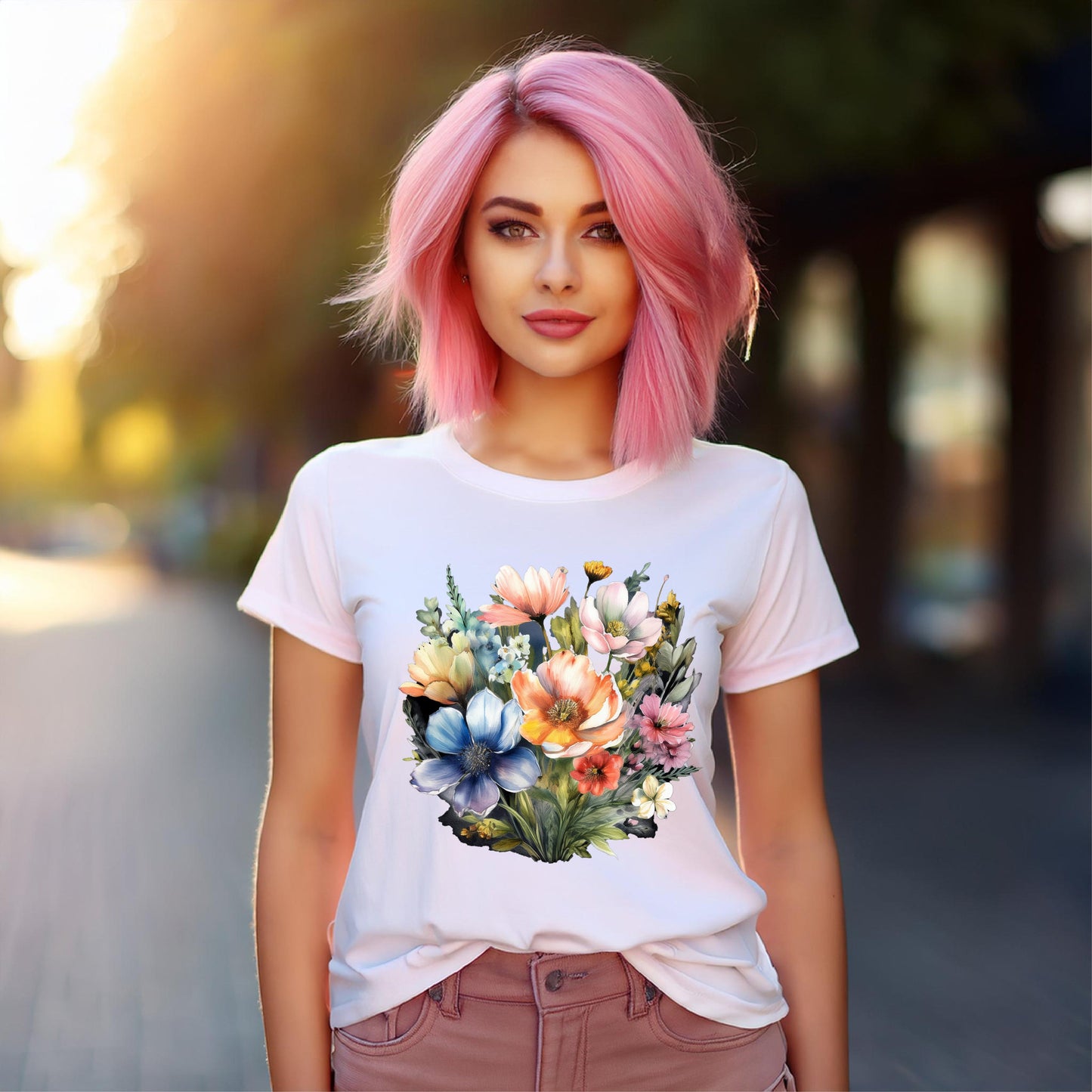 Unisex Floral Art T Shirt With Vintage Flowers Print On 100 Percent Cotton Tee For Everyday Wear
