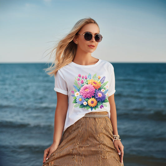 Floral T Shirt With Vintage Flowers Art Print Unisex Cotton Tee Made In USA Full Color