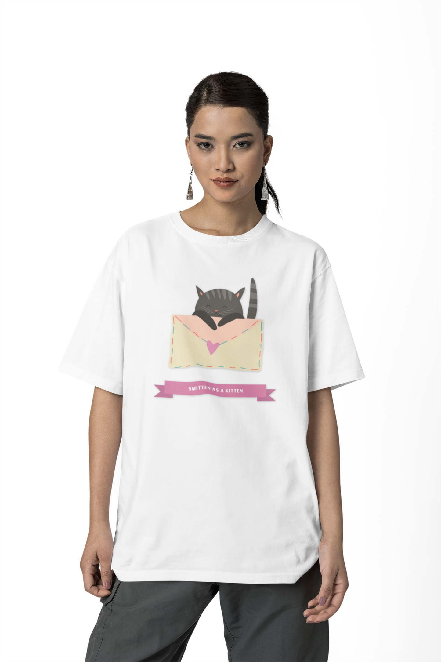 Cat Heart T-Shirt, T-Shirt with Love Cat, Valentine Day Tees with Animals, Unisex Cotton Tee with Art Design 34