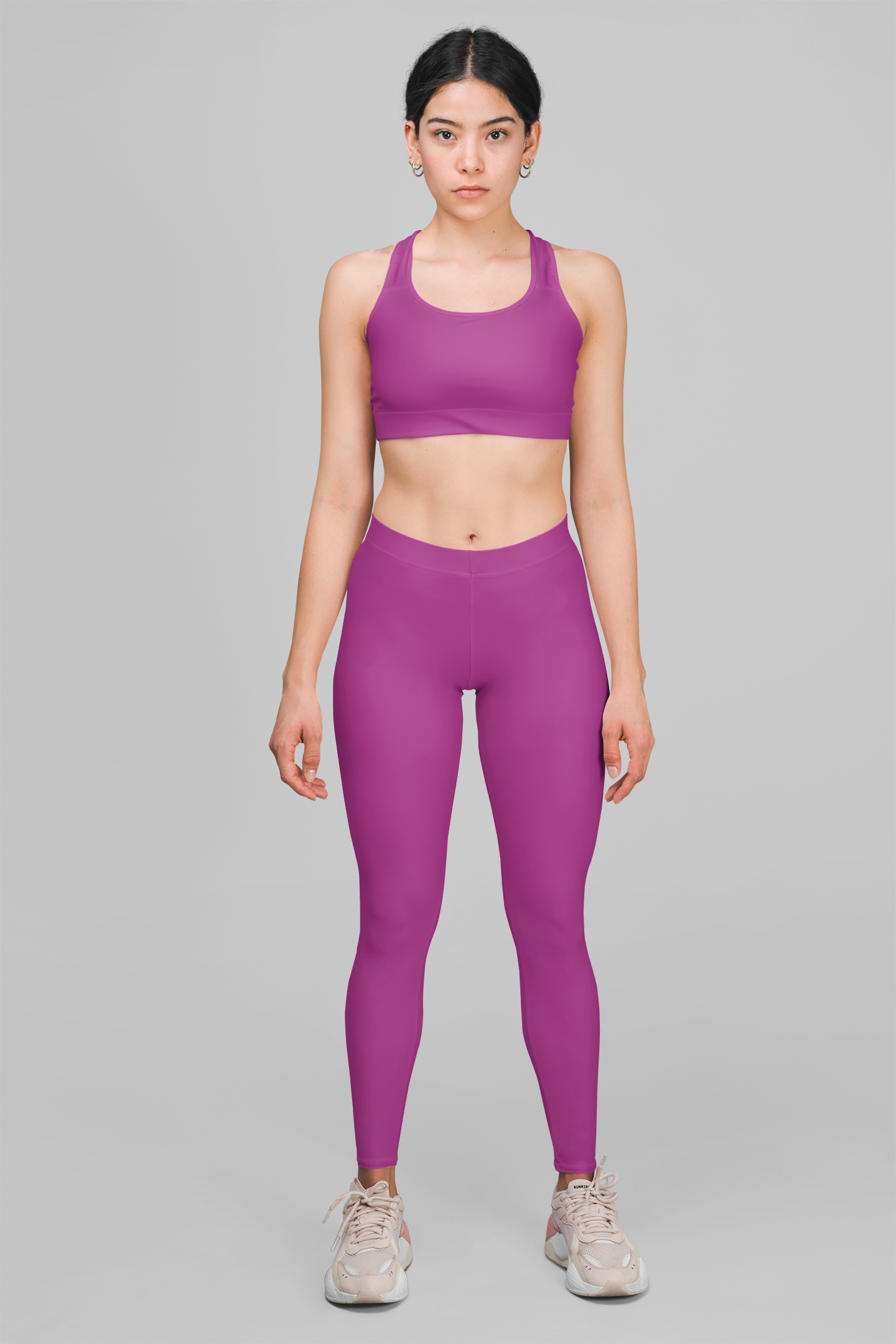 Poppy Pink Solid Color Leggings, All-Over Print Stretchy Poly-Elastane No Side Seams, Mid-Rise Waistband Pink Leggings