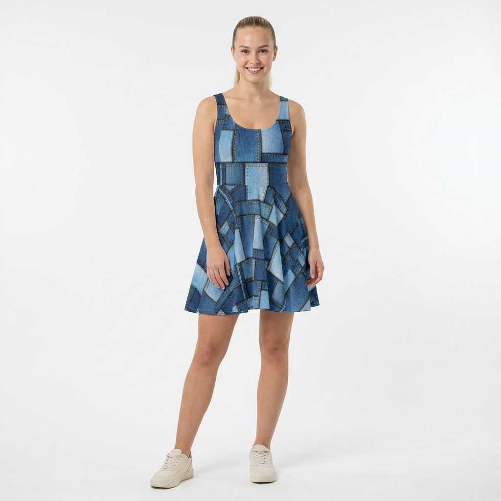 Women Denim Print Skater Dress, Denim Print Poly-Span Dress -1