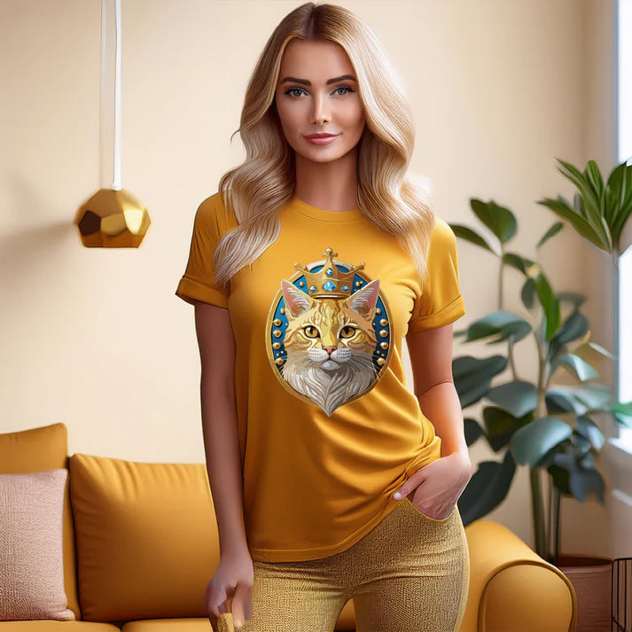 Cat Graphic Unisex 100 Cotton Tee With Unique Animal Golden Medallion Art Design 15