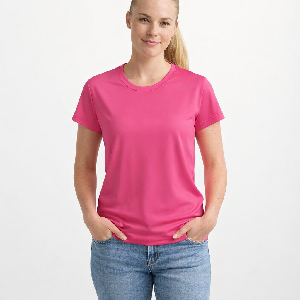 Wild Strawberry Women's Sports Jersey Short Sleeves 100% Poly Solid Pink Color Print Athletic Tee