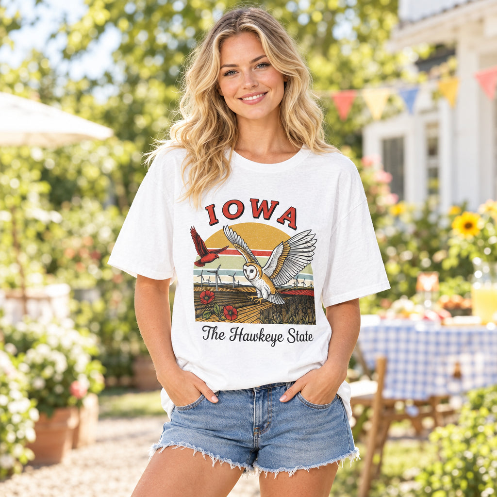 Iowa Barn Owl T-Shirt — The Hawkeye State Vintage State Pride Tee Travel Tourist Graphic Design Unisex 100 Cotton Gildan T-Shirt