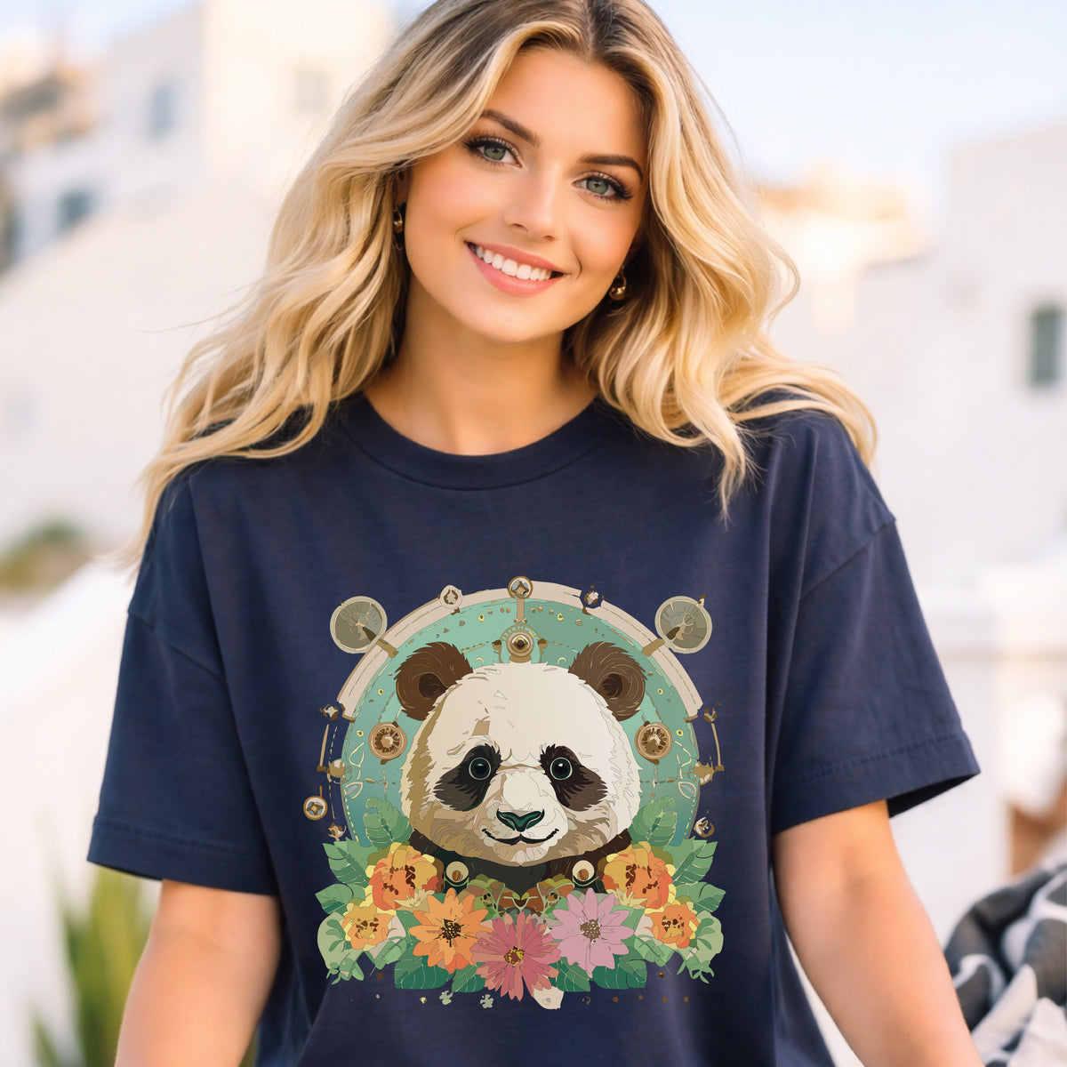 Panda Portrait T-Shirt Unisex Cotton Floral Chinese Graphic Circle Animal Art Tee p3