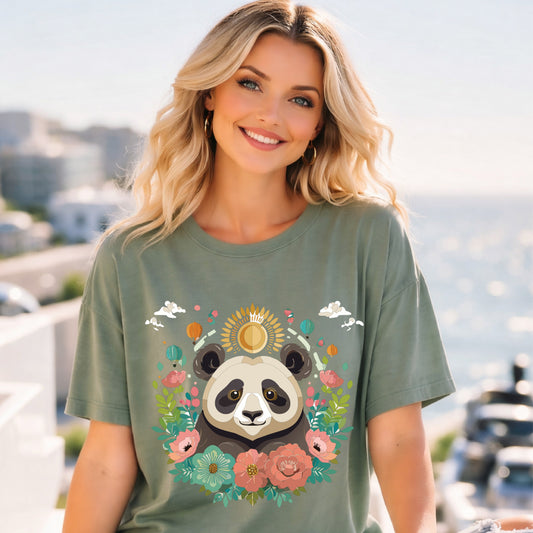 Panda Portrait T-Shirt Unisex Cotton Floral Chinese Graphic Circle Animal Art Tee p4