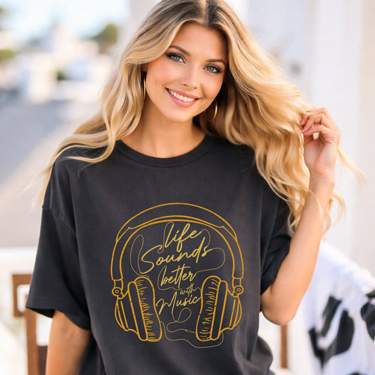 Life Sounds Better with Music T-shirt Headphones Graphic Unisex Cotton Tee Comfort Colors