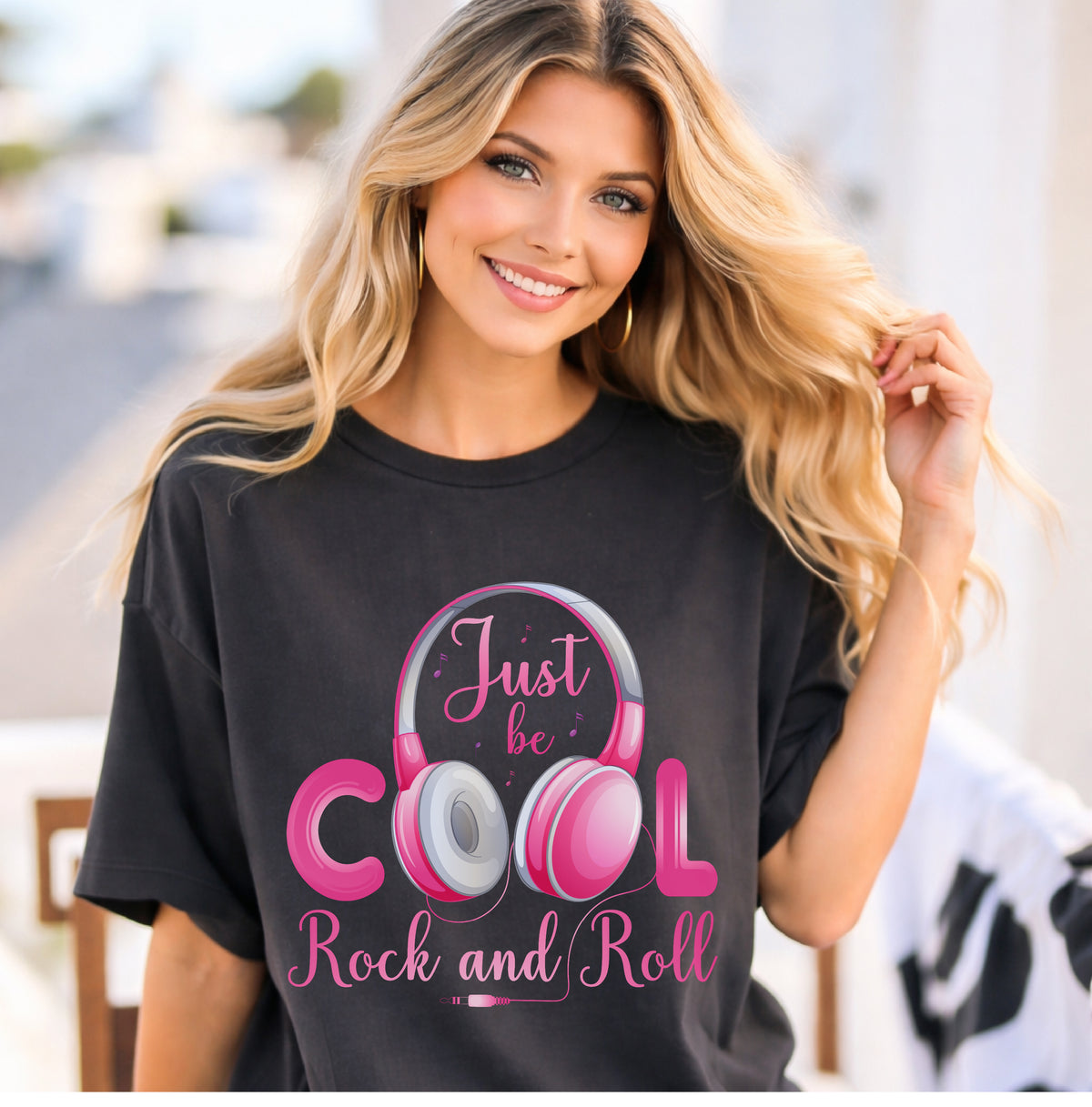 Just Be Cool Rock and Roll T-shirt Pink Headphones Graphic Unisex Cotton Tee Comfort Colors 004