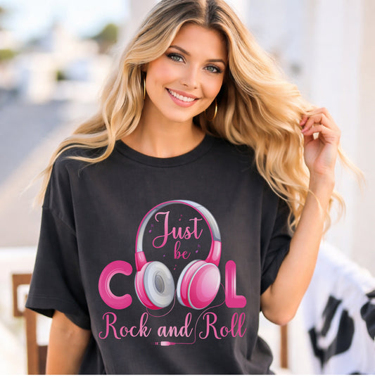 Just Be Cool Rock and Roll T-shirt Pink Headphones Graphic Unisex Cotton Tee Comfort Colors 004