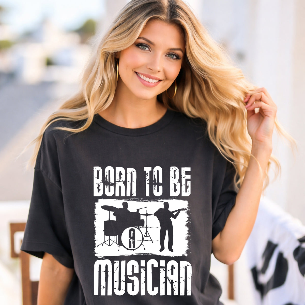 Born to Be Musician T-shirt Band Silhouette Drum Guitar Design Unisex Cotton Tee 009
