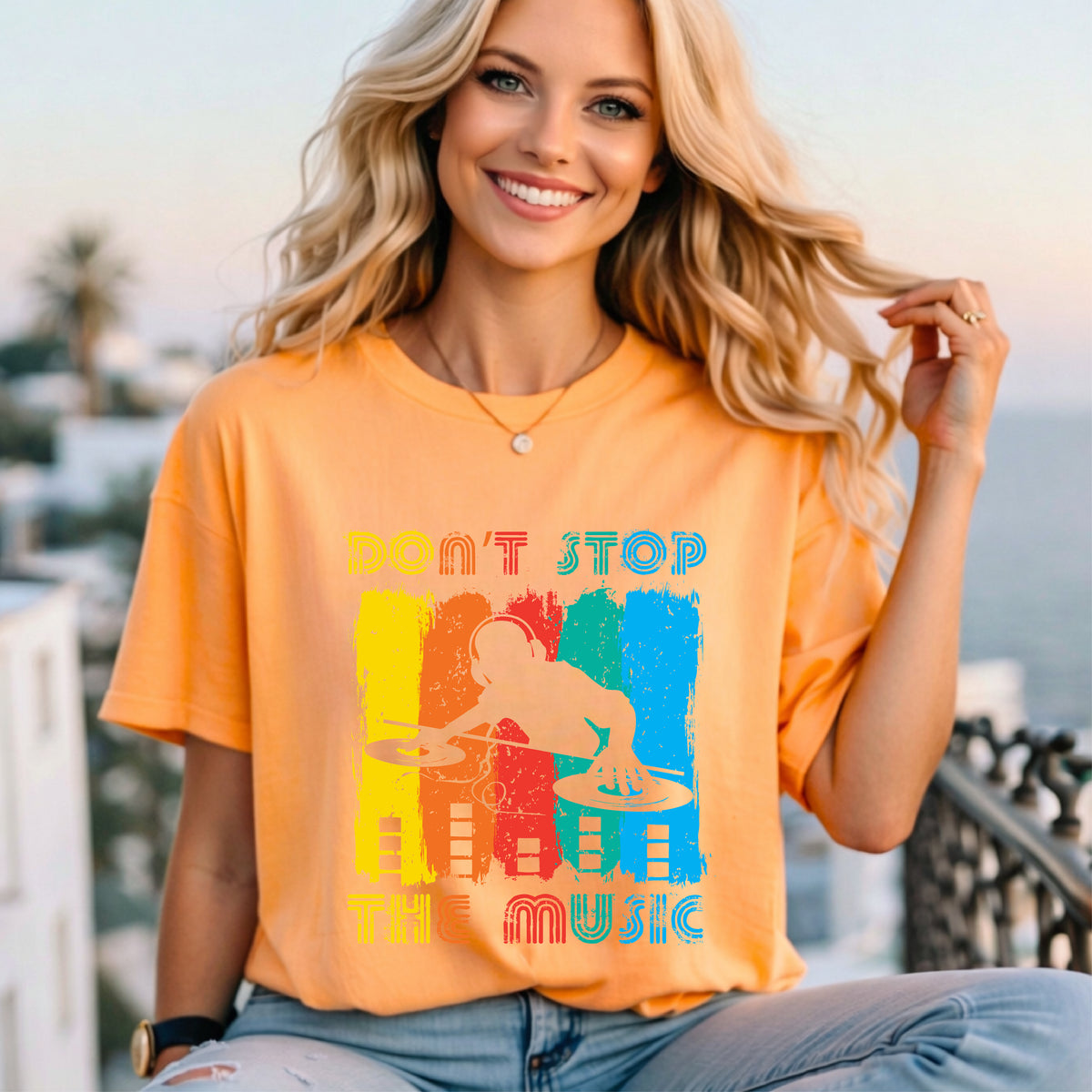 Don t Stop the Music DJ Silhouette T-Shirt Retro Rainbow Turntables Unisex Cotton Tee 014