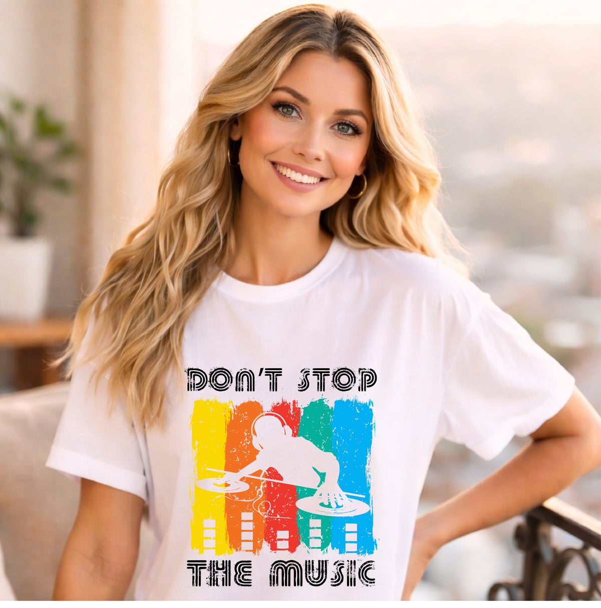 Don t Stop the Music DJ Silhouette T-Shirt Retro Rainbow Turntables Unisex Cotton Tee 016