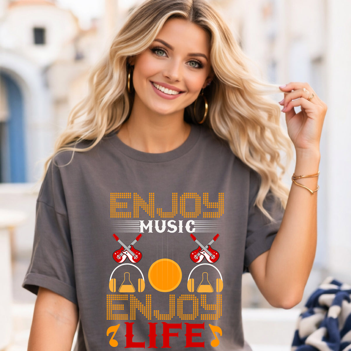 Enjoy Music Enjoy Life T-Shirt Retro Headphones Drum Guitar Unisex Cotton Tee 049