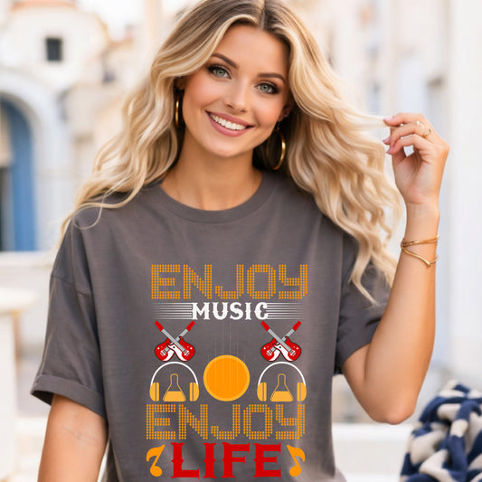 Enjoy Music Enjoy Life T-Shirt Retro Headphones Drum Guitar Unisex Cotton Tee 049