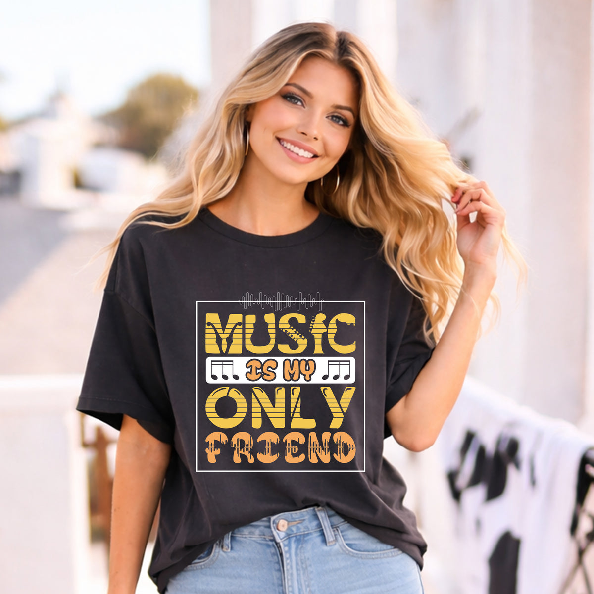 Music Is My Only Friend T-Shirt Retro Typography Musical Notes Unisex Cotton Tee 069