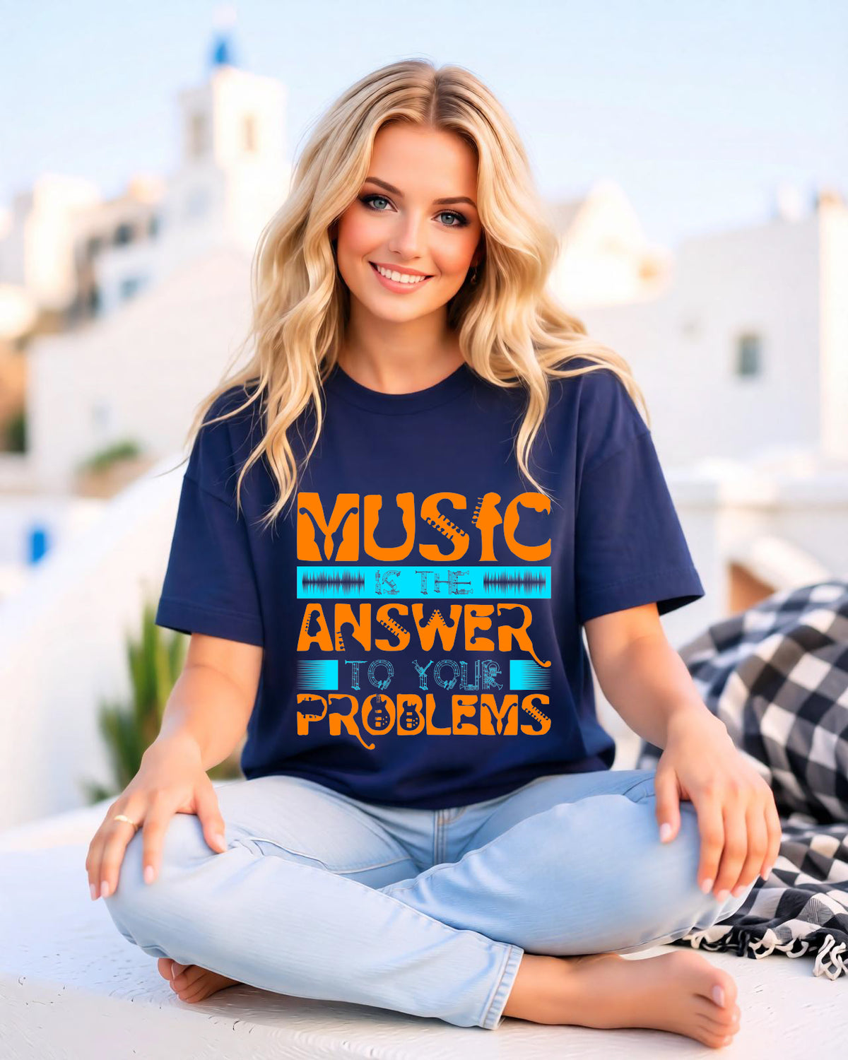 Music Is the Answer T-shirt Graphic Retro Orange Teal Text Unisex Cotton Tee 073