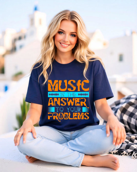 Music Is the Answer T-shirt Graphic Retro Orange Teal Text Unisex Cotton Tee 073