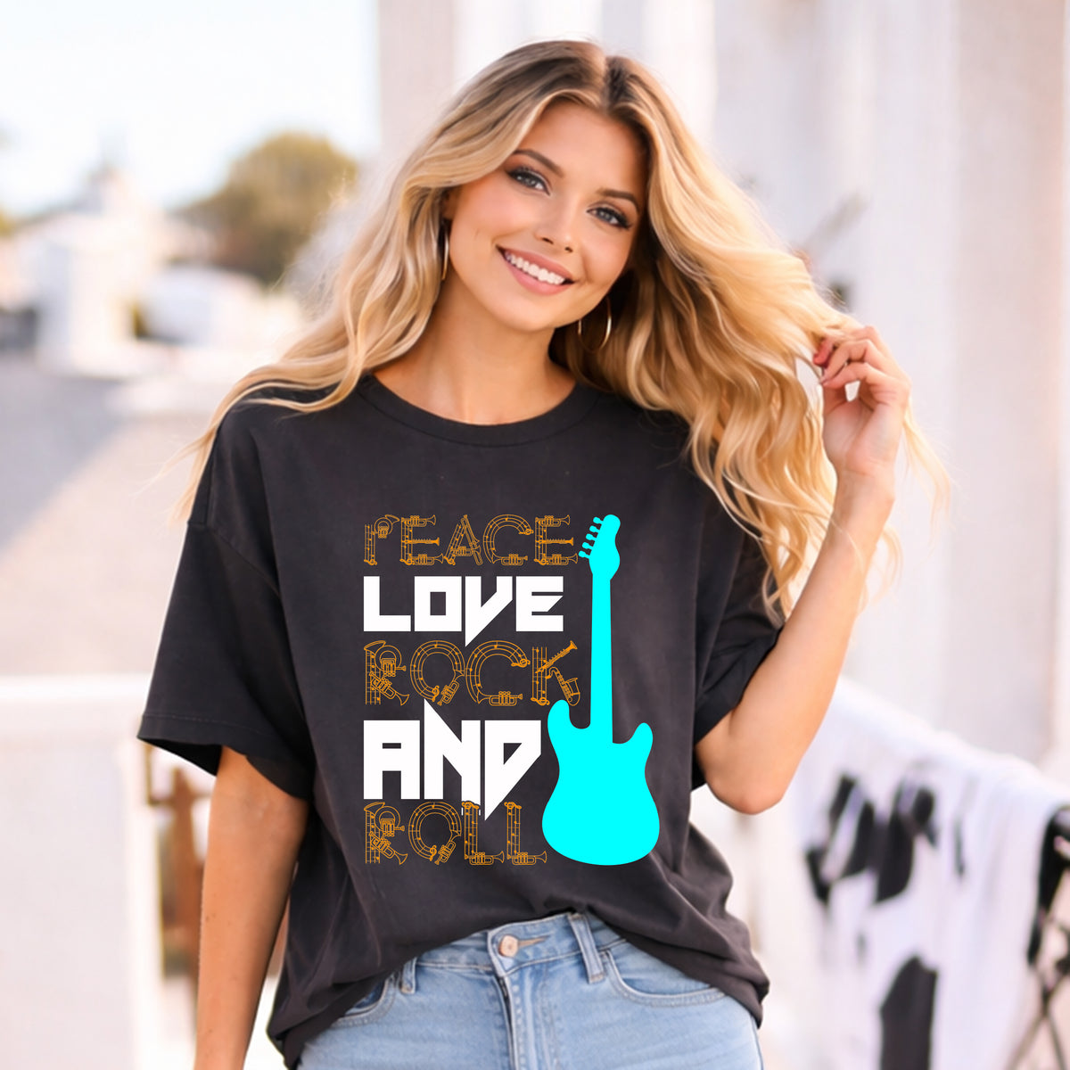 Love and Rock Guitar T-shirt Peace Rock Music Unisex Cotton Tee 078