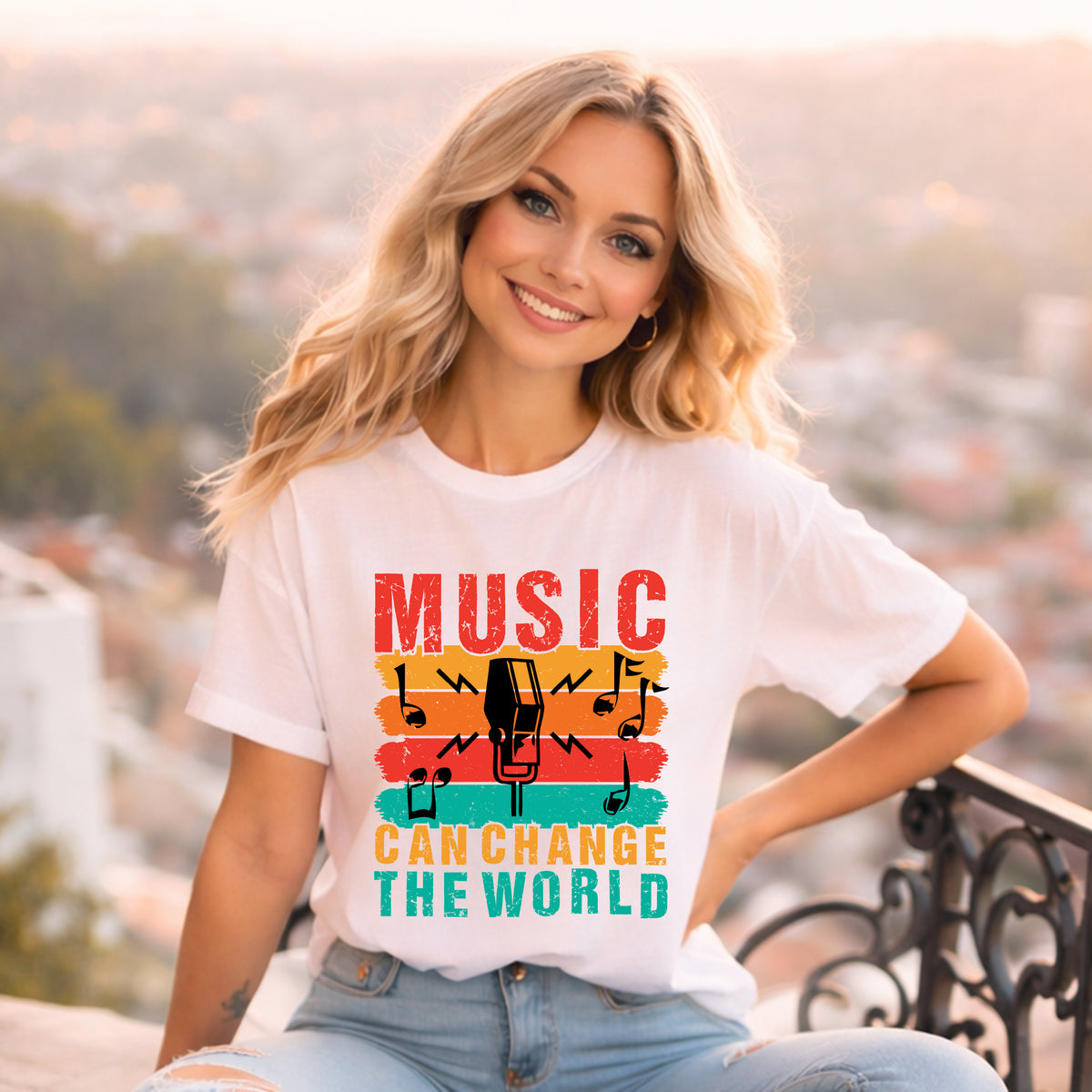 Music Can Change the World T-shirt Retro Microphone Music Notes Unisex Cotton Tee 089