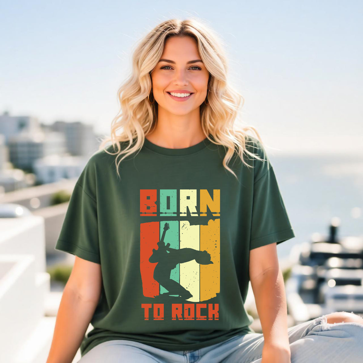 Born to Rock skateboard silhouette T-Shirt Vintage striped graphic Unisex Cotton Tee 086