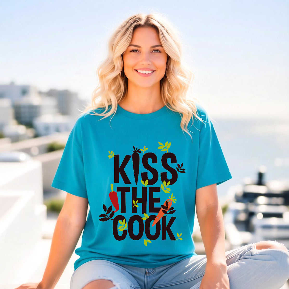 Kiss The Cook Chef Kitchen Cooking Graphic Unisex Comfort Colors Garment-Dyed Heavyweight 100 Cotton Art Design T-Shirt w6