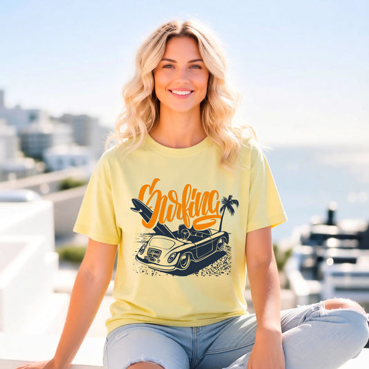 Surfing Classic Car Vintage Surfboard Beach Graphic Unisex Comfort Colors Garment-Dyed Heavyweight 100 Cotton Art Design T-Shirt w25