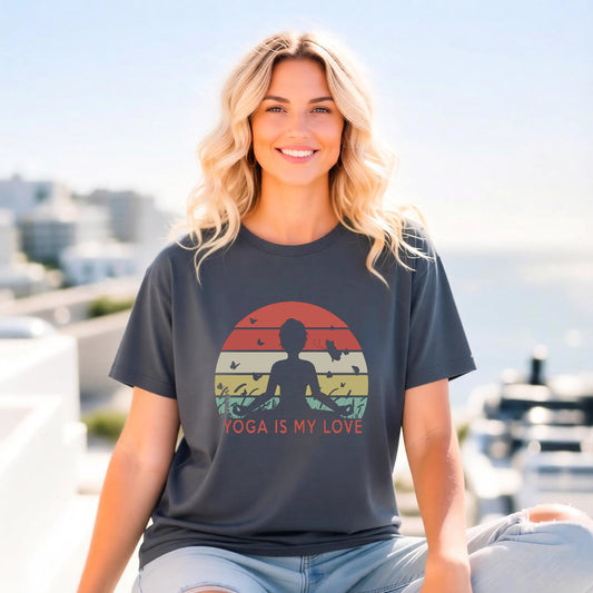 Yoga Is My Love Meditating Retro Sunset Unisex Comfort Colors Garment-Dyed Heavyweight 100 Cotton Art Design T-Shirt w190