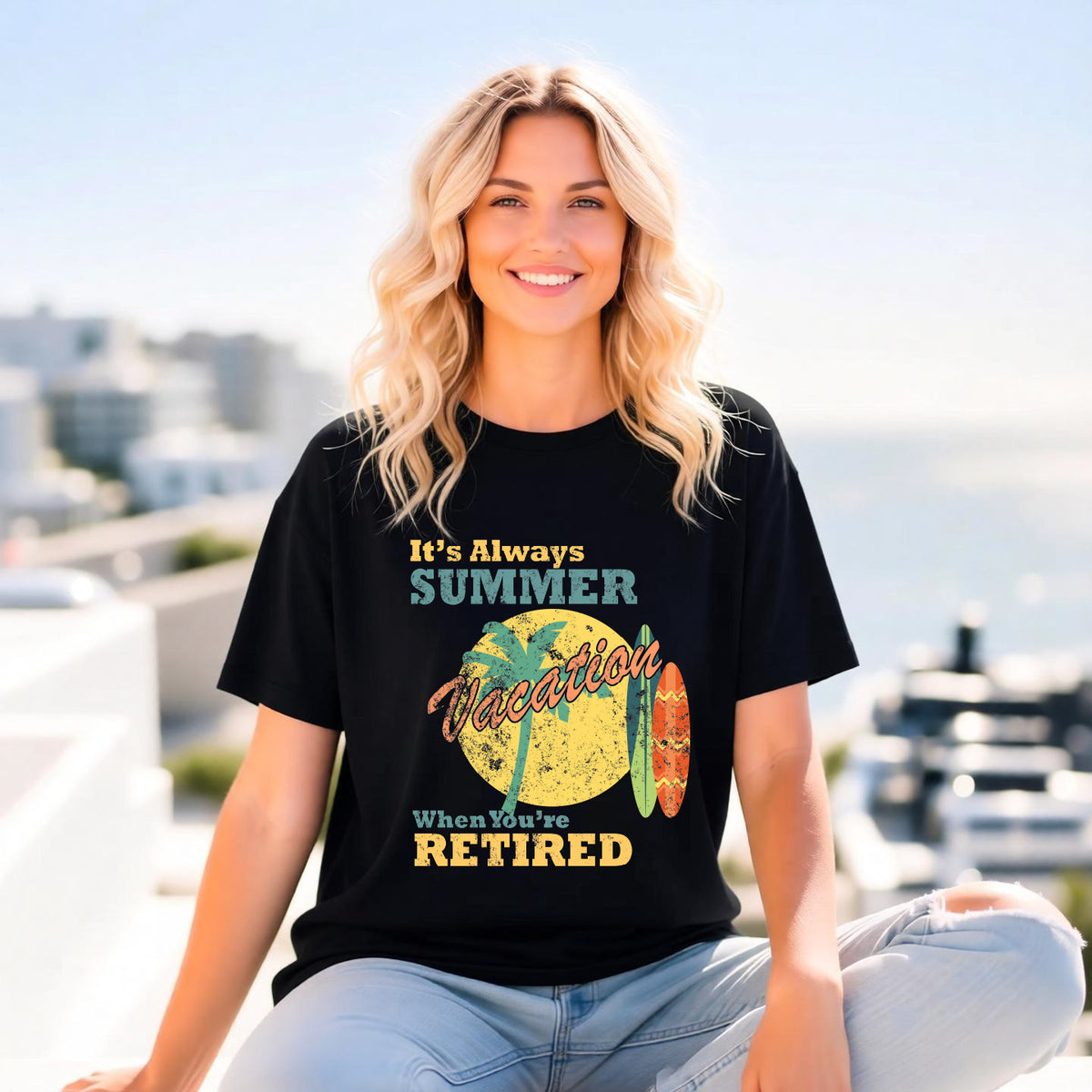 Always Summer Vacation Retro Palm Surf Unisex Comfort Colors Garment-Dyed Heavyweight 100 Cotton Art Design T-Shirt w108