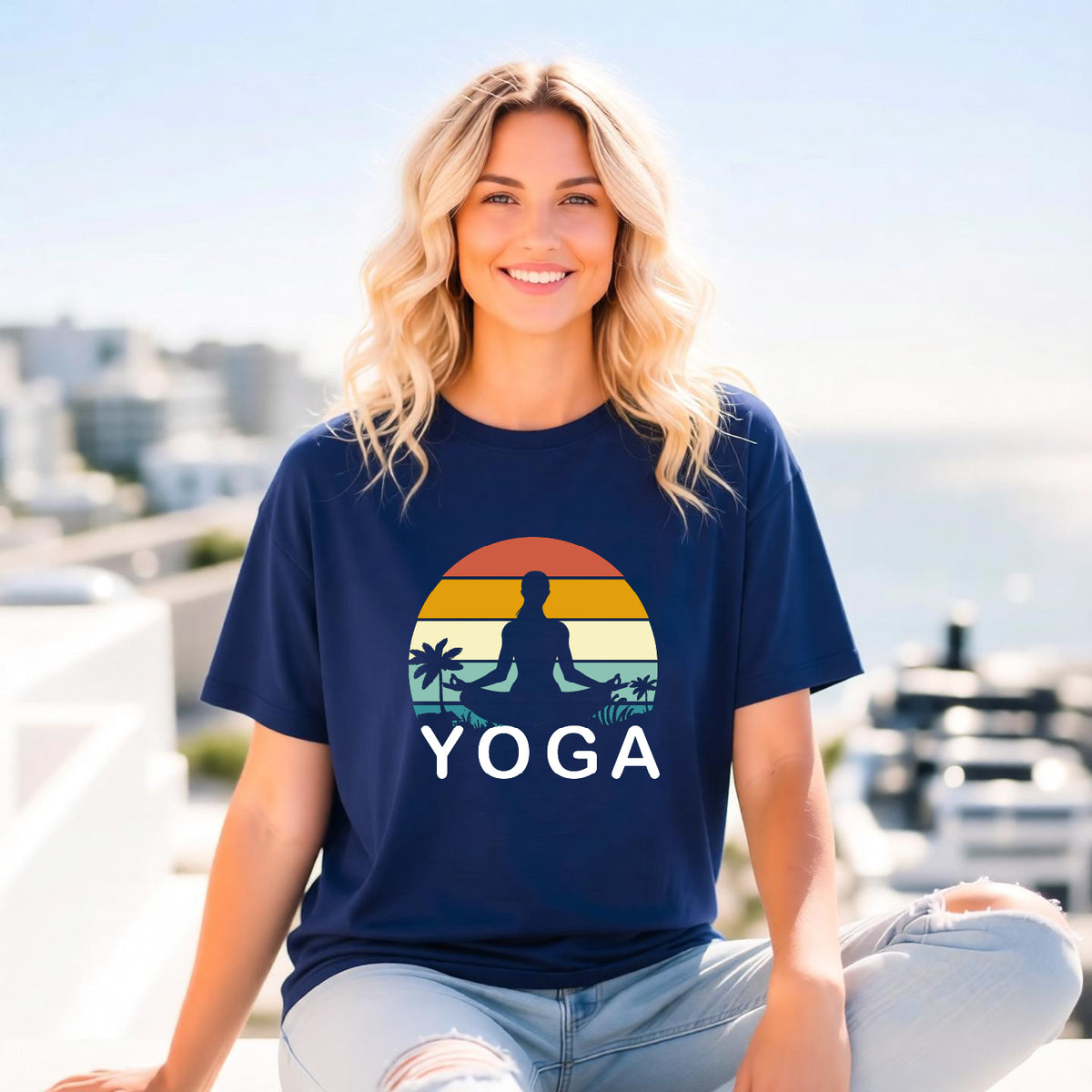 Sunset Yoga Retro Meditation Palm Trees Unisex Comfort Colors Garment-Dyed Heavyweight 100 Cotton Art Design T-Shirt w187