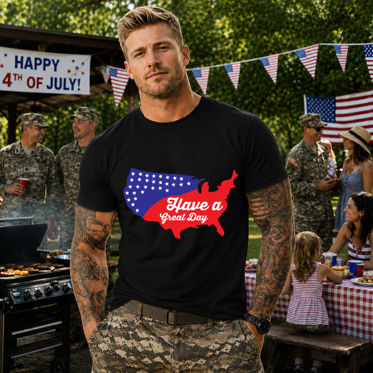 Have a Great Day USA map T-Shirt Patriotic red white blue Unisex Cotton tee 021