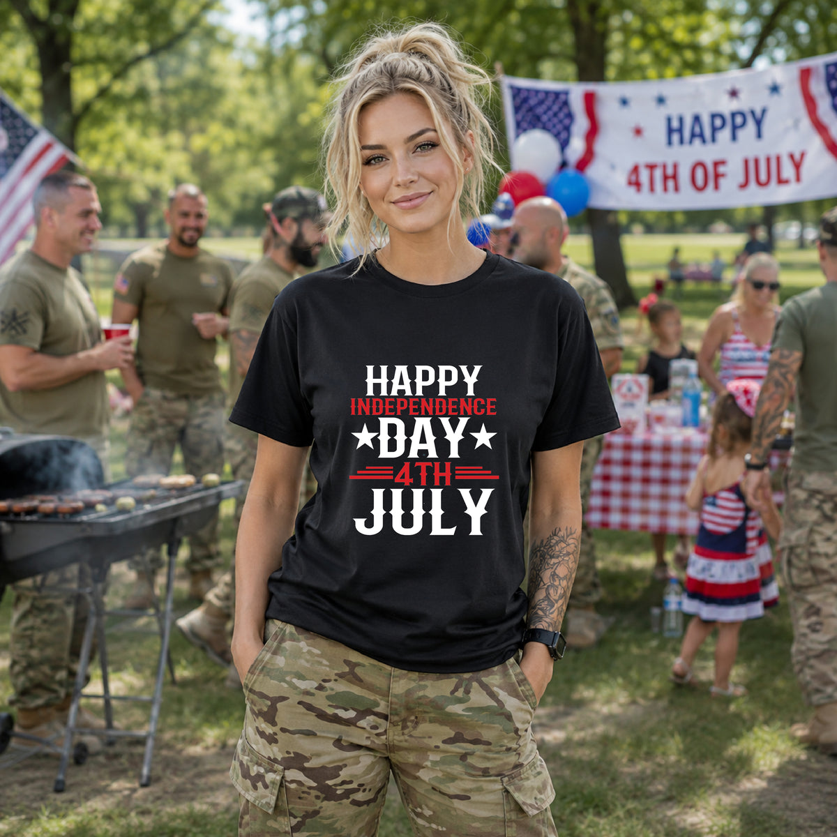 Happy Independence Day 4th July T-Shirt Patriotic Stars Stripes Unisex Cotton 016