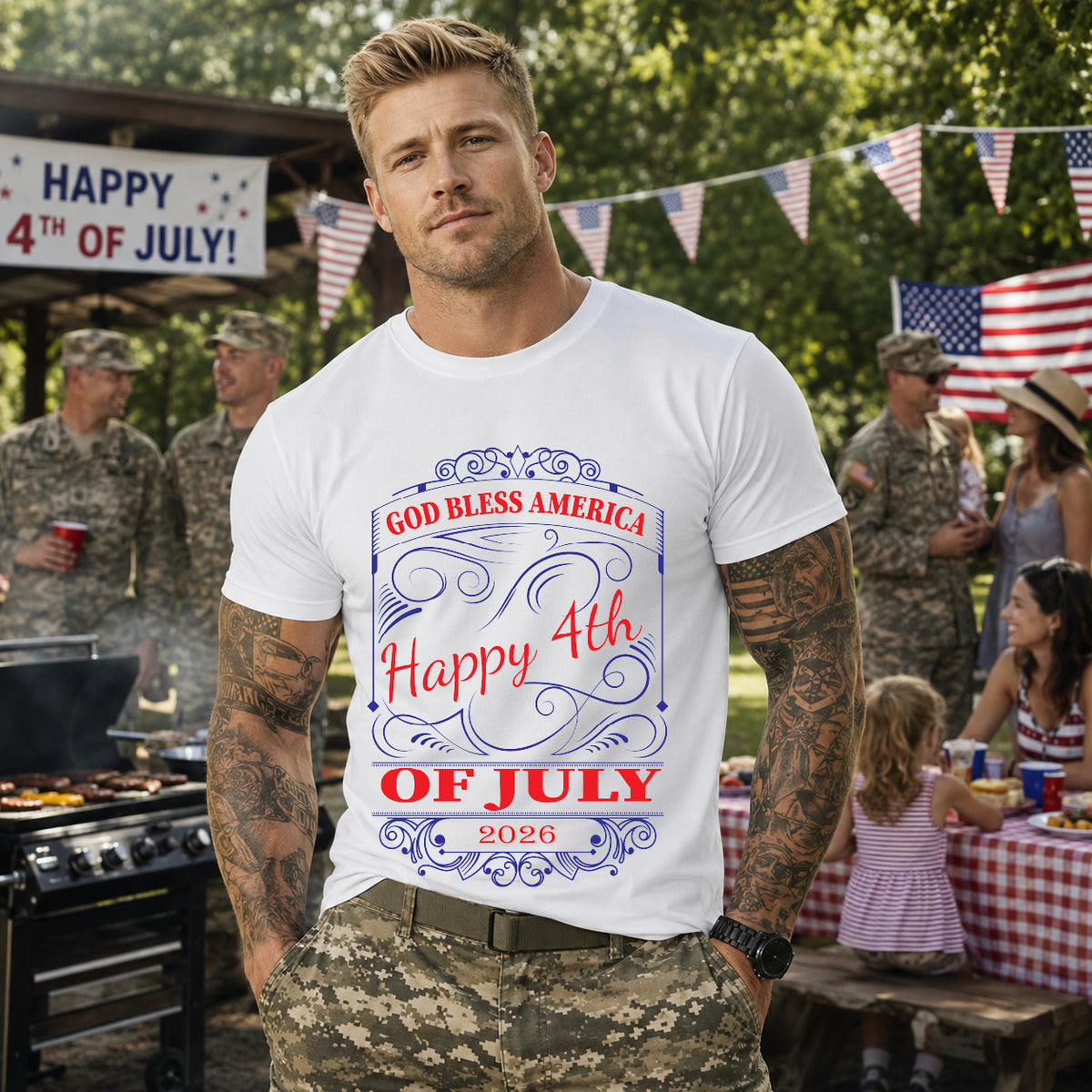 God Bless America Happy 4th of July 2026 T-Shirt Patriotic Independence Day Unisex Cotton Tee 010