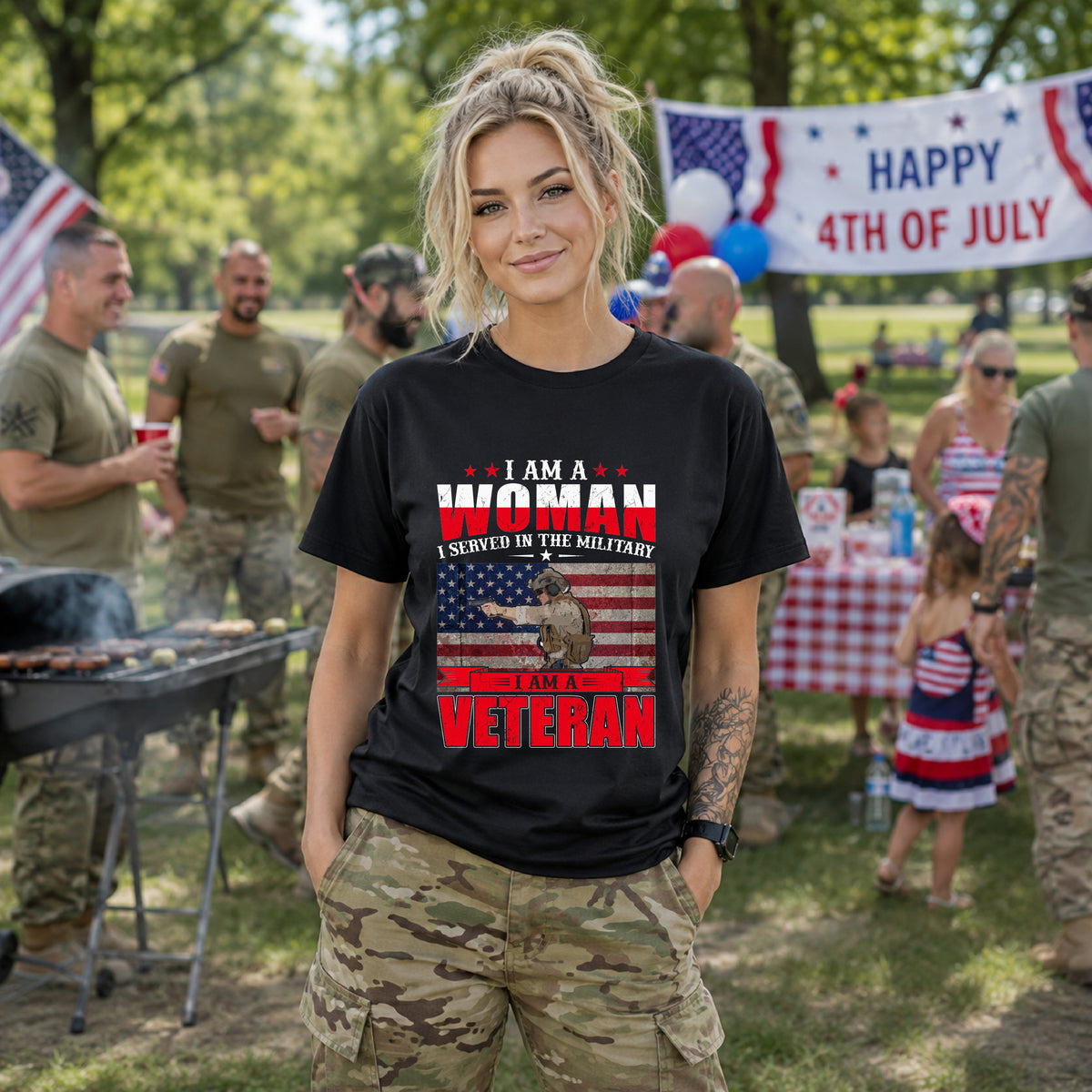 I Am A Woman I Served In The Military Veteran T-Shirt American Flag Unisex Cotton v27