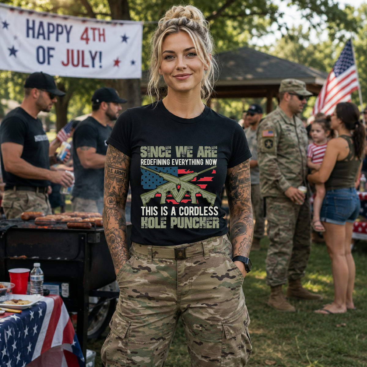 Cordless Kole Puncher graphic Tee Rifle Flag Design, Patriotic Military Theme Unisex Cotton v14