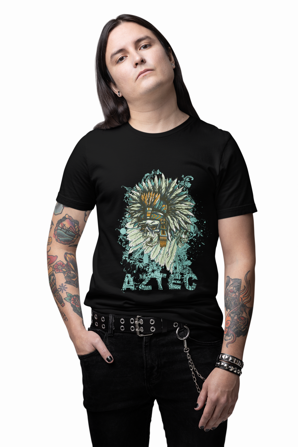 Aztec Headdress Skull T-Shirt Tribal Skull Graphic Unisex Cotton Tee Art-14
