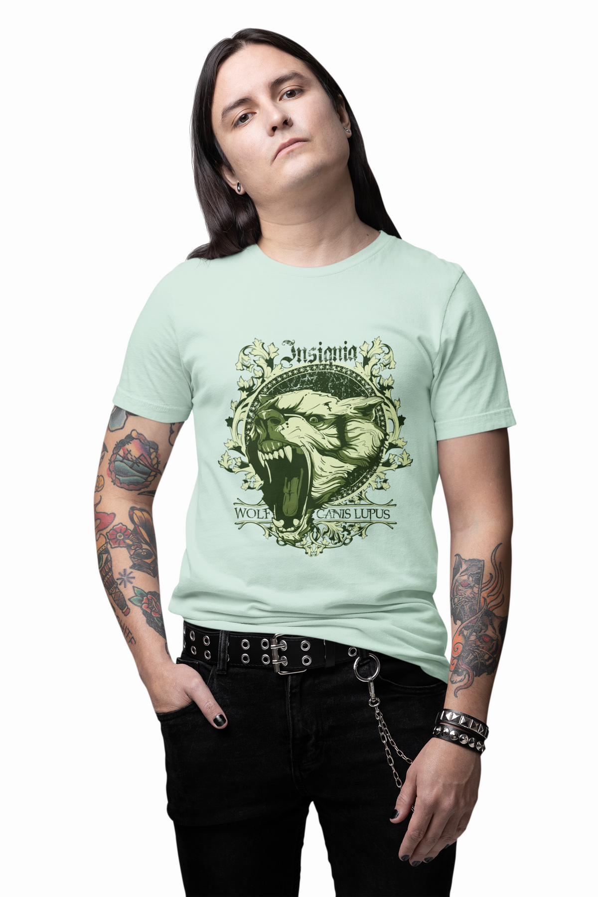 Howling Wolf Skull Tee Gothic Vintage Crest Green Graphic Unisex Cotton Shirt Art-54
