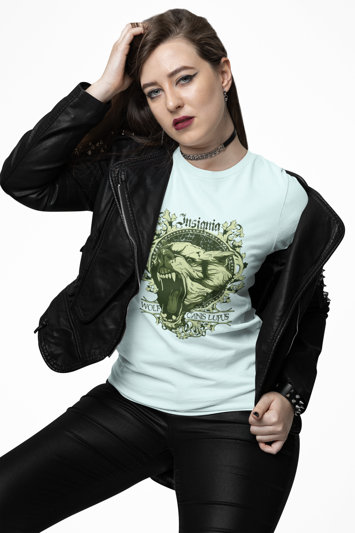 Howling Wolf Skull Tee Gothic Vintage Crest Green Graphic Unisex Cotton Shirt Art-54