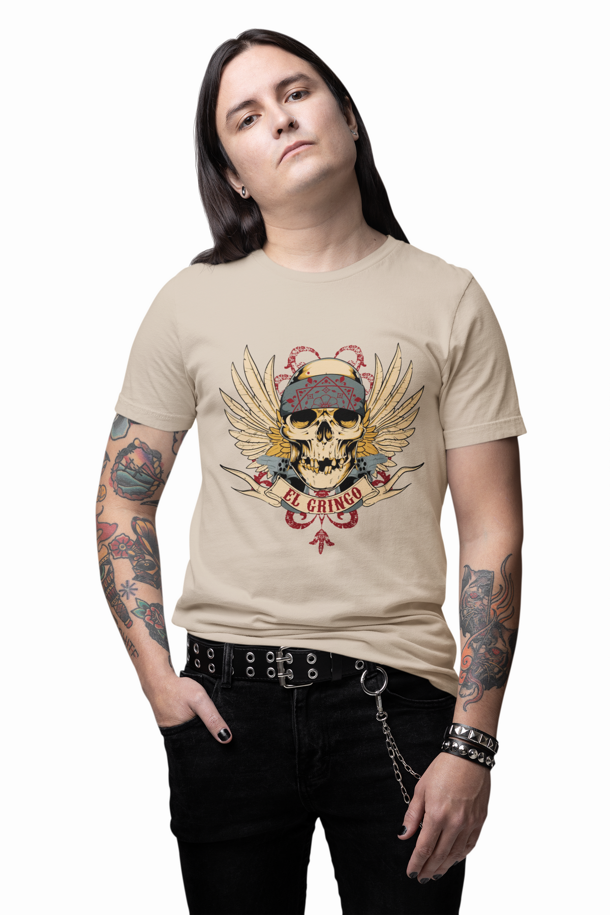 El Gringo Skull with Wings T-Shirt Vintage Tattoo Style Unisex Cotton Art-53