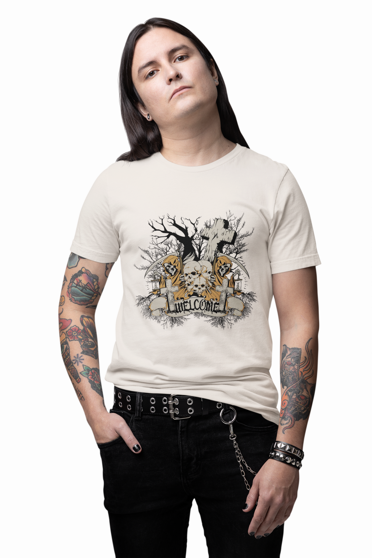 Skull Graveyard Welcome Tee Halloween Haunted Tree Cross Tombstone Unisex Cotton Art-50