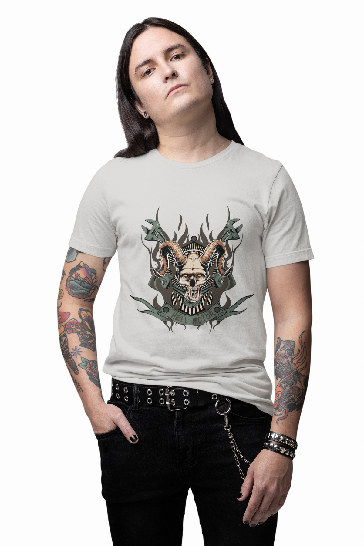 Ram Skull with Horns Tee Gothic Skull Shirt, Dark Tribal Design Unisex Cotton Art-49