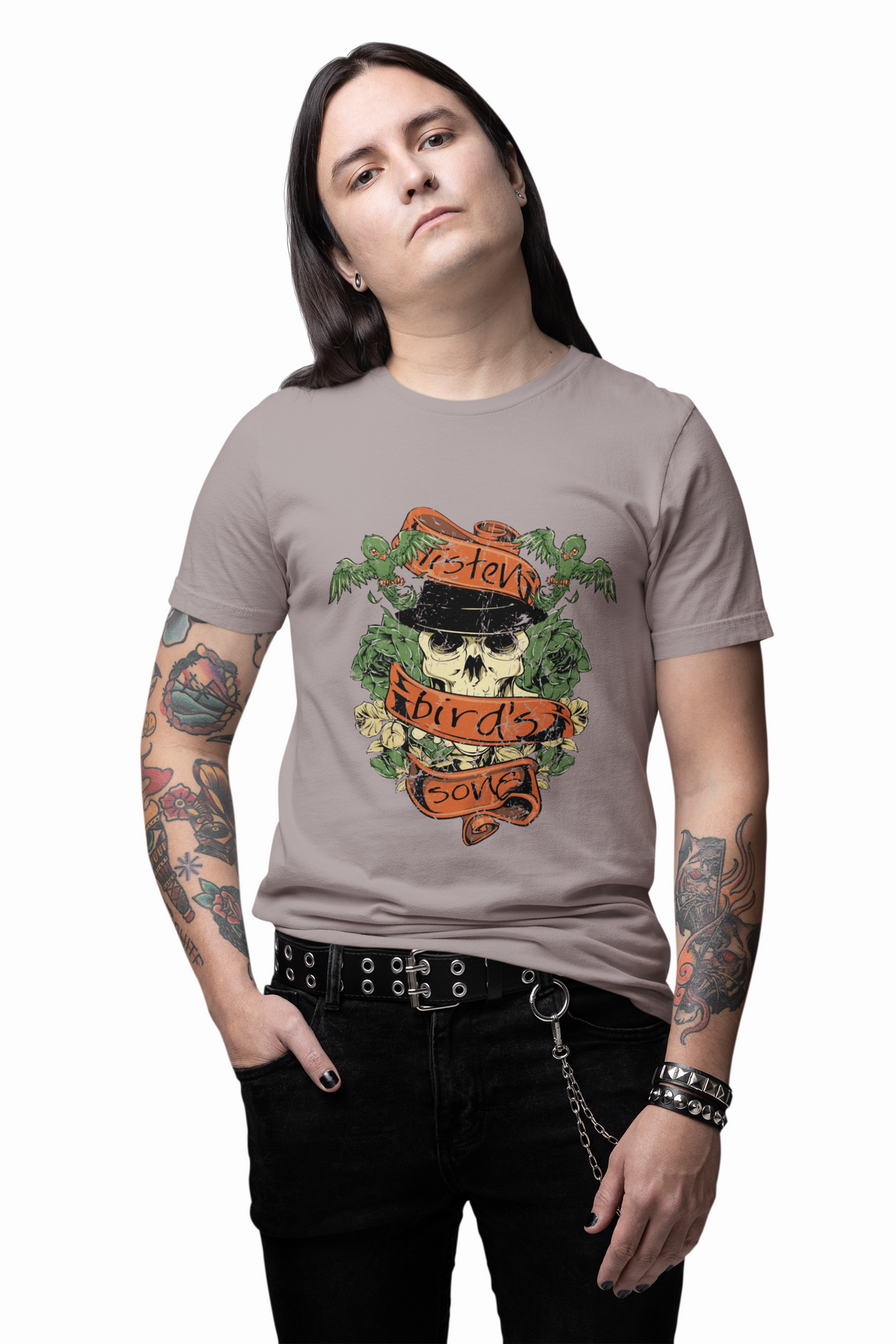 Skull with Bandana Tee Floral Vines Tattoo Style Graphic Unisex Cotton Shirt Art-38