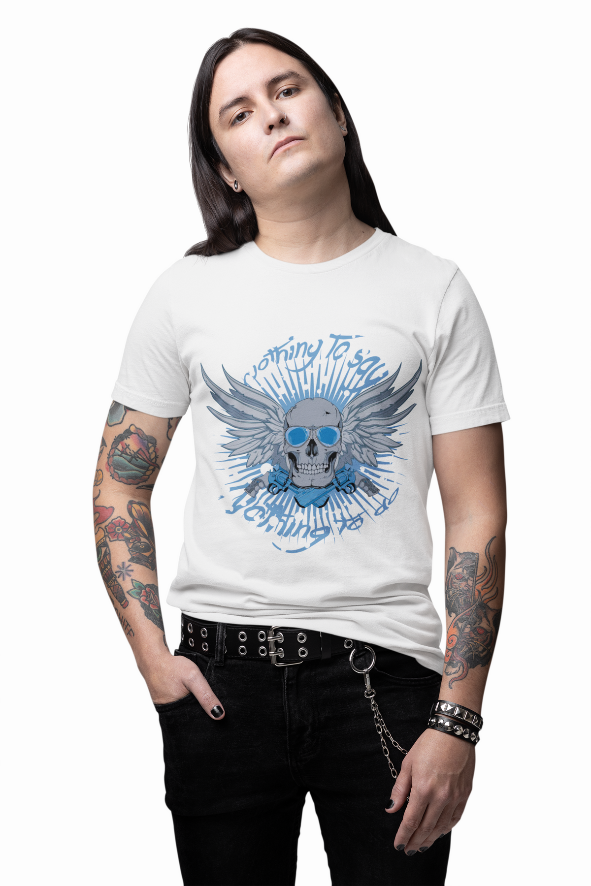 Winged Skull Graphic Tee Blue Skull with Wings Radiant Burst Unisex Cotton