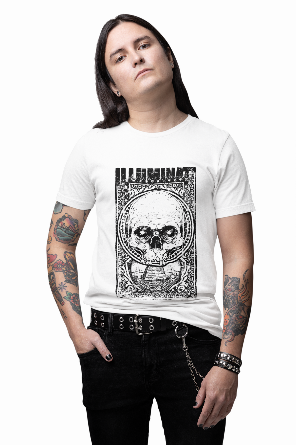 Skull Circle Graphic T-Shirt Vintage Etching Illustration Art Design Unisex Cotton Tee A-9