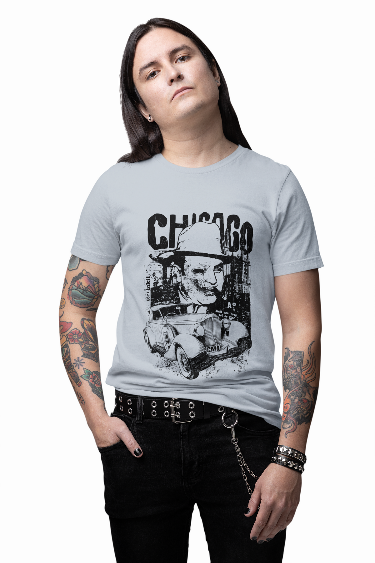 Chicago Retro Mobster Illustration Tee Vintage Car Cityscape Art Design Unisex Cotton T-Shirt A-8