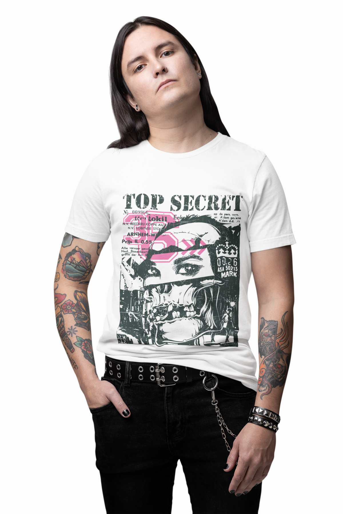 Top Secret Skull Face Tee Grunge Graphic T-Shirt Retro Collage A-6