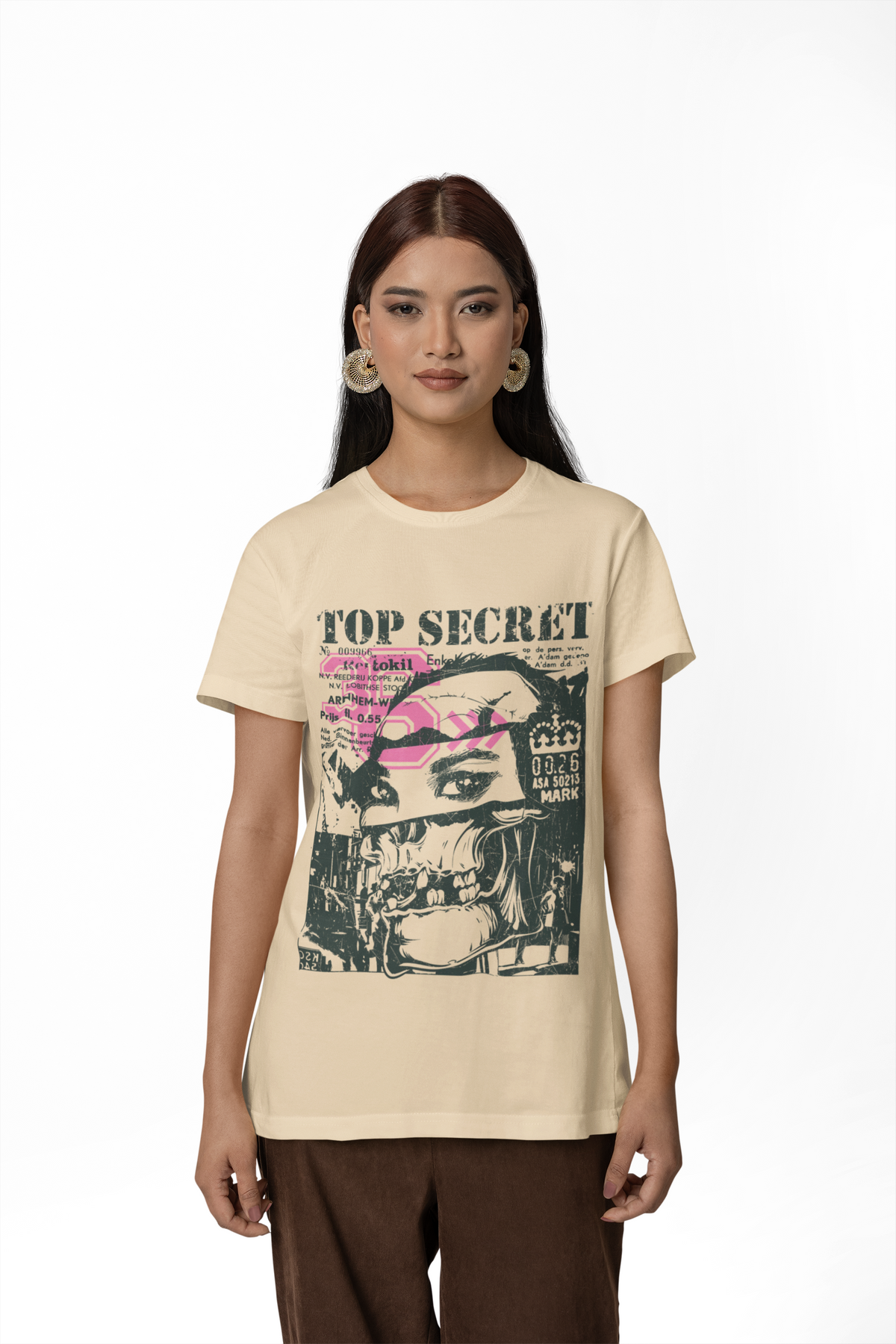 Top Secret Skull Face Tee Grunge Graphic T-Shirt Retro Collage A-6