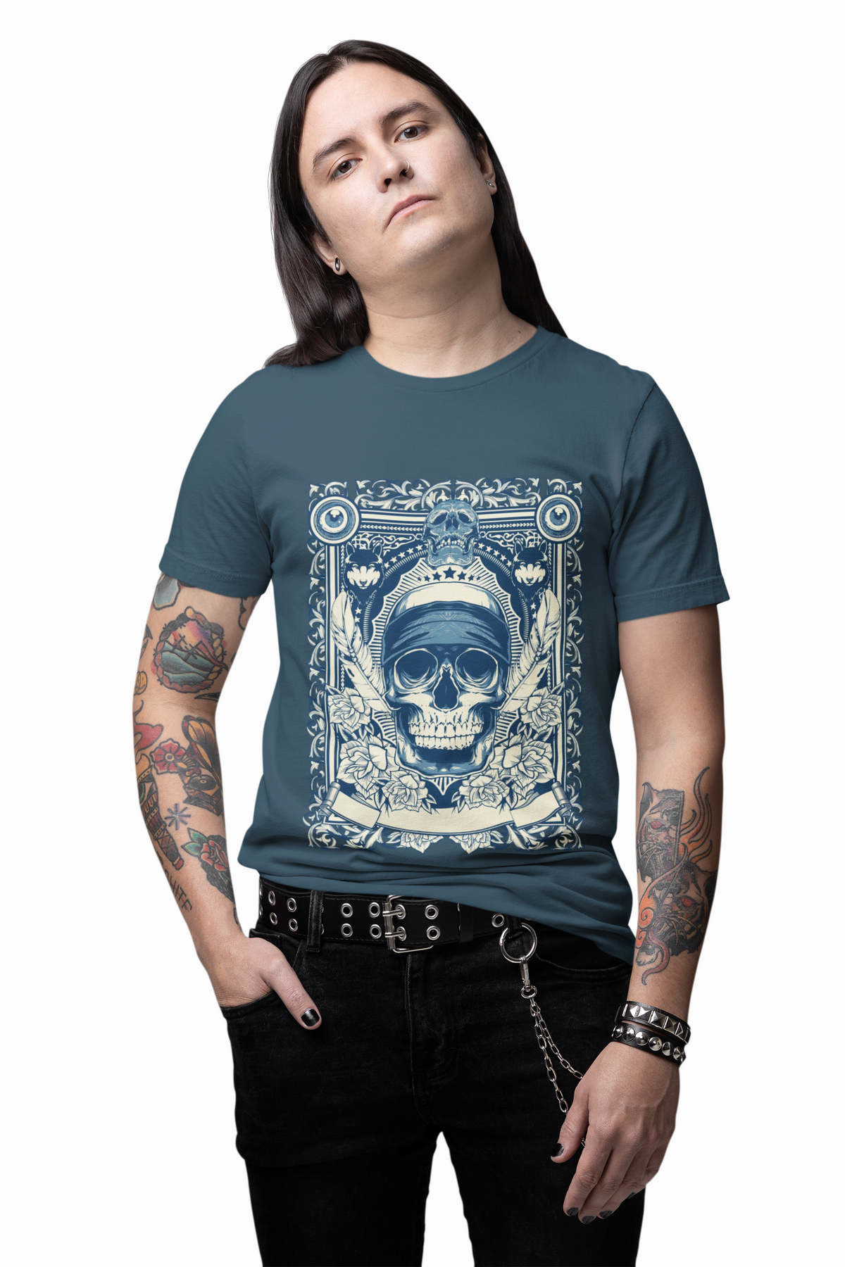 Skull Crown Graphic Tee Vintage Ornate Skull Illustration Rock Band T-Shirt
