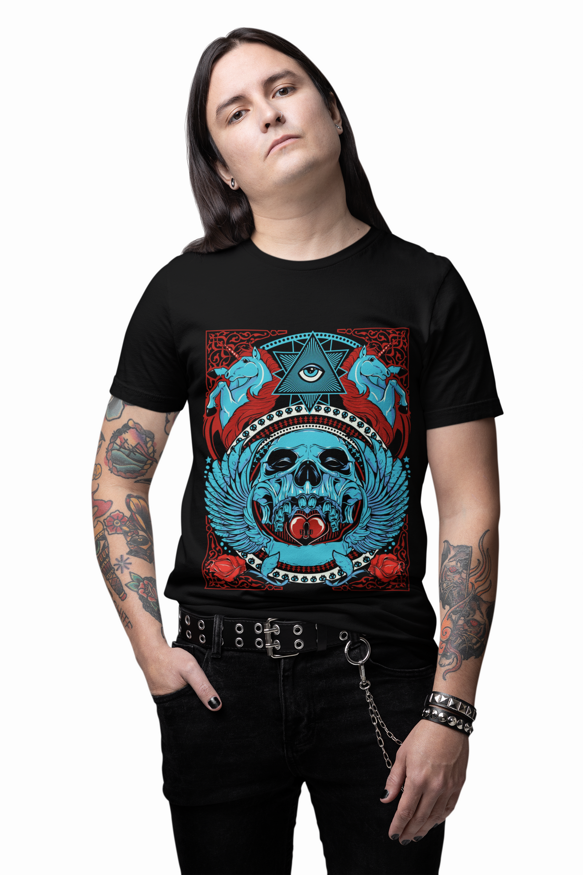 All-Seeing Skull Illustration Tee Winged Skull Third Eye Roses T-Shirt